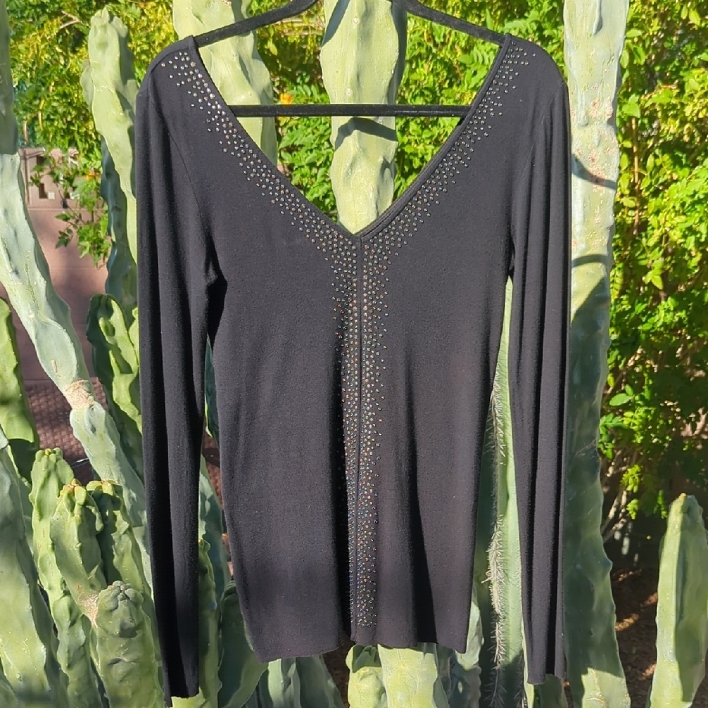 Bailey 44 Black Micro Grommet Sequin Deep V Neck Long Sleeve Top XS
